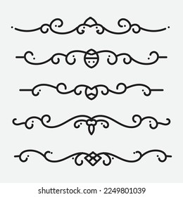 Set of ornamental filigree flourishes and thin dividers. Classical vintage elements, vector illustration