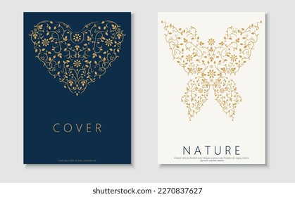 Set of ornamental floral covers, templates, placards, brochures, banners, flyers and etc. Luxury backgrounds, postcards, posters, invitation, tags. Elegant cards with drawing heart and butterfly 