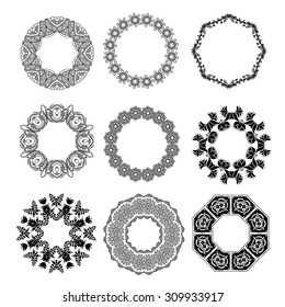 Set of ornamental floral frame. Round lace pattern.Vector art