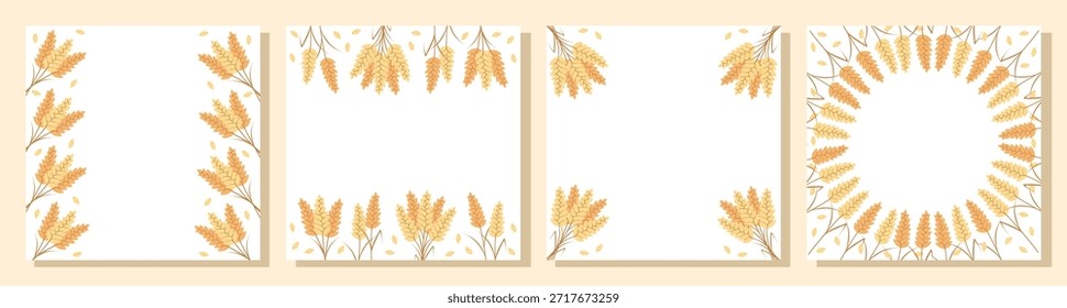 Set of ornamental frame with cereal spikelets, wheat ears, cereal seeds, decorative border. Concept bread or farming, organic food. Vector illustration, copy space.