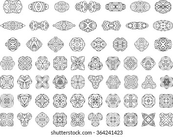 Set of ornamental geometric design elements and page decorations. Vintage geometric ornaments and symbols. Isolated on white background. Black and white.