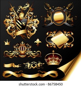 set of ornamental golden heraldic elements