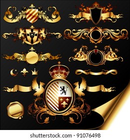set of ornamental golden heraldic elements