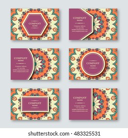 Set of ornamental hand drawn mandala cards, business, visiting template.Vintage decorative style. Indian, asian, arabic, islamic, ottoman motif. Vector illustration. 
