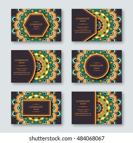 Set of ornamental hand drawn mandala cards, business, visiting template.Vintage decorative style. Indian, asian, arabic, islamic, ottoman motif. Vector illustration. 