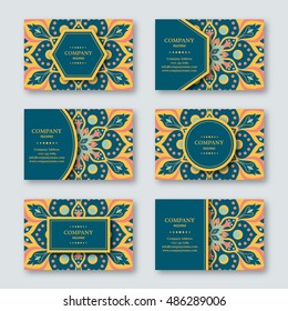 Set of ornamental hand drawn mandala cards, business, visiting template.Vintage decorative style. Indian, asian, arabic, islamic, ottoman motif. Vector illustration. 
