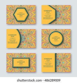 Set of ornamental hand drawn mandala cards, business, visiting template.Vintage decorative style. Indian, asian, arabic, islamic, ottoman motif. Vector illustration. 