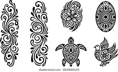 Set of ornamental henna style elements including flowers turtle and bird designs with ornament decorative artistic bohemian illustration stylized intricate oriental detailed traditional