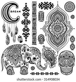 Set Ornamental Indian Elements Symbols Stock Vector (Royalty Free ...