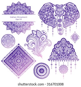 Conjunto de elementos y símbolos ornamentales indios
