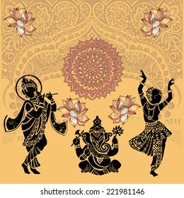 Set of ornamental Indian elements and symbols.Ganesha.Ind ian woman. Elephant, mask