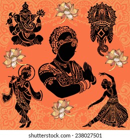 Set of ornamental Indian elements and symbols.Ganesha.Ind ian woman. Elephant, mask