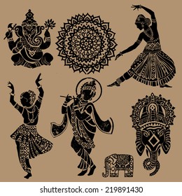 Set of ornamental Indian elements and symbols.Ganesha.Indian woman. Elephant, mask