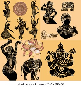 Set of ornamental Indian elements and symbols.Indian woman. Elephant, mask.