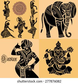 Set of ornamental Indian elements and symbols.Indian woman. Elephant, mask.