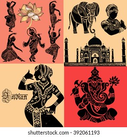 Set of ornamental Indian elements and symbols.Indian woman. Elephant, mask.