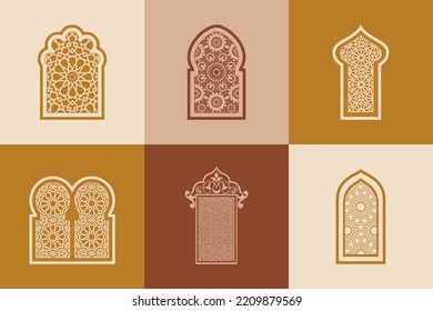 Set of ornamental islamic arabesque windows. Arabic traditional architecture Geometric Pattern. Set of decorative vector panels or screens for laser cutting. Template for interior decor style.