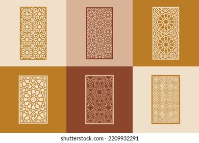 Set of ornamental islamic arabesque windows and doors. Arabic traditional architecture Geometric Pattern. Set of decorative vector panels or screens for laser cutting.