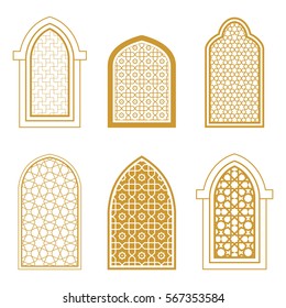 Conjunto de ventanas islamicas ornamentales. Arquitectura árabe tradicional. Plantilla para el diseño
