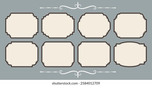 Set of ornamental label vintage frames. Old ornate labels, decorative vintage frame with Royal wedding insignia, sale sticker or invitation card. Isolated vector symbols.