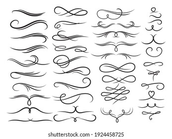 Set of ornamental lines. Collection of swirl ornament of different shapes. Linear art. Vintage text dividers. Set of typography line. Vector illustration of curls on a white background.