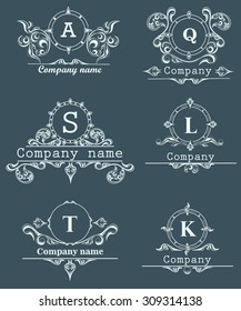 Set ornamental logos template flourishes calligraphy elegant ornament lines on a blue and beige background. Business sign. Vector illustration