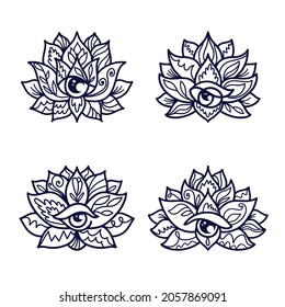 Conjunto de motivos florales ornamentales de loto con tercer ojo. Decoración de estilo oriental, indio. Ornamento de perro. Ilustración vectorial dibujada a mano de esquema.