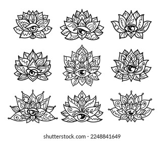 Set of ornamental  lotus flower patterns with third eye. Decoration in oriental, Indian style. Doodle ornament. Outline hand drawn vector illustration.