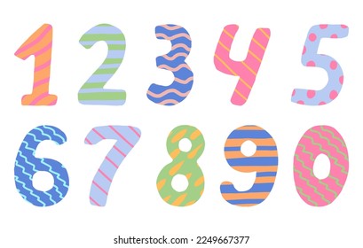 Set ornamental numbers doodle  Hand drawing vector illustration in flat style  Bright clip arts for Birthday party  design  decor isolated white  