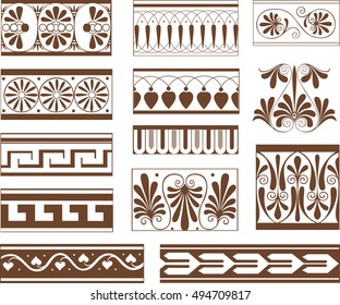 Set of ornamental pattern elements in Etruscan style - floral and geometrical horizontal vignettes and pinstripes