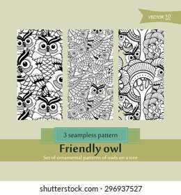 Set of ornamental patterns of owls on a tree