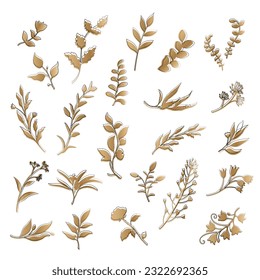 Set of ornamental plants golden gradient. Isolate on white background clipart. Vector illustration.