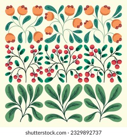 Un conjunto de plantas ornamentales inscritas en un cuadrado. Colección con botánica estival dibujada a mano en estilo retro: flores silvestres pequeñas, hojas, ramas, bayas aisladas sobre fondo blanco. Ilustración vectorial.