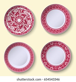 Set of ornamental porcelain dishes with red ethnic pattern in the style of Chinese painting on porcelain. Vector illustration