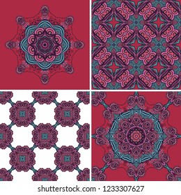 Set of ornamental red - blue  vector patterns, rosettes