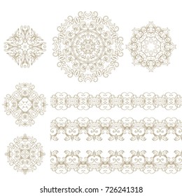 Set of ornamental rosettes and borders on white background