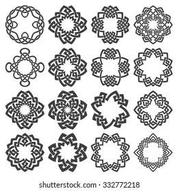 Set of ornamental round frames. Sixteen quadrangular decorative elements with stripes braiding for your logo or monogram design. Creative mandalas collection