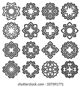 Set of ornamental round frames. Sixteen circle quadrangular decorative elements with stripes braiding for logo or monogram design. Creative mandalas collection