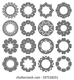 Set of ornamental round frames. Sixteen circle octagonal decorative elements with stripes braiding for logo or monogram design. Creative mandalas collection