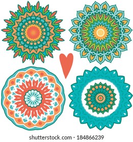 Set of ornamental round lace patterns, circles background with many details, look like crocheting handmade lace on grunge background, lacy arabesque designs.