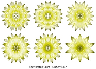 Set of Ornamental Round Lace. Sacred Oriental Mandala. Color Floral Ornament. Modern Decorative Vector Illustraation. Yellow olive color.