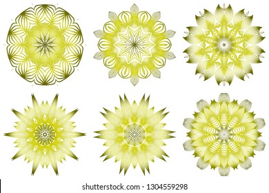 Set of Ornamental Round Lace. Sacred Oriental Mandala. Color Floral Ornament. Modern Decorative Vector Illustraation. Yellow olive color.