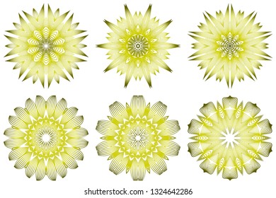 Set of Ornamental Round Lace. Sacred Oriental Mandala. Color Floral Ornament. Modern Decorative Vector Illustraation. Yellow olive color.