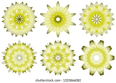 Set of Ornamental Round Lace. Sacred Oriental Mandala. Color Floral Ornament. Modern Decorative Vector Illustraation. Yellow olive color.