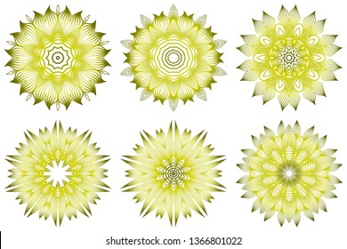 Set of Ornamental Round Lace. Sacred Oriental Mandala. Color Floral Ornament. Modern Decorative Vector Illustraation. Yellow olive color.