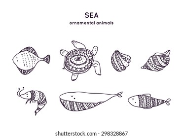 Set of ornamental sea animals and shells. Tribal fish, whale, shrimp and turtle