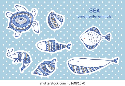 Set of ornamental sea animals and shells. Tribal fish, whale, shrimp and turtle