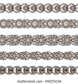 Set of ornamental seamless borders. Hand drawn collection of abstract floral elements in the ethnic style. Indian, arabic, asian motif. Vector illustration