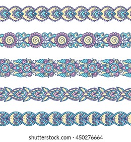 Set of ornamental seamless borders. Hand drawn collection of abstract floral elements in the ethnic style. Indian, arabic, asian motif. Vector illustration