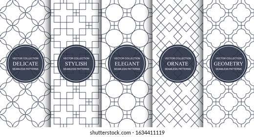 Set of ornamental seamless geometric patterns - symmetric outline textures. White repeatable elegant backgrounds.